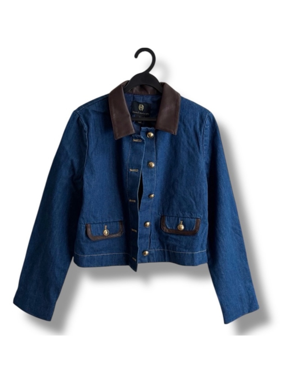 House of Harlow 1960 Denim Jacket with Gold Buttons Faux Leather Trim